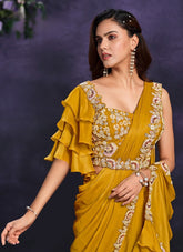 Mustard Crape Satin Silk Embroidered Ready to Wear Saree